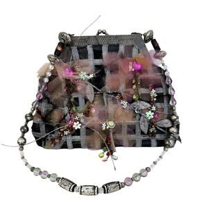 Mary Frances Metallic Frame Beaded Strap Feather Shoulder Bag Gray Kisslock